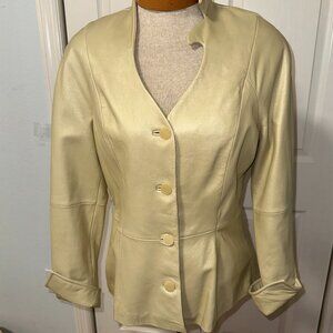 Terry Lewis 100% Leather jacket, size 6, gold pearlized metallic button down